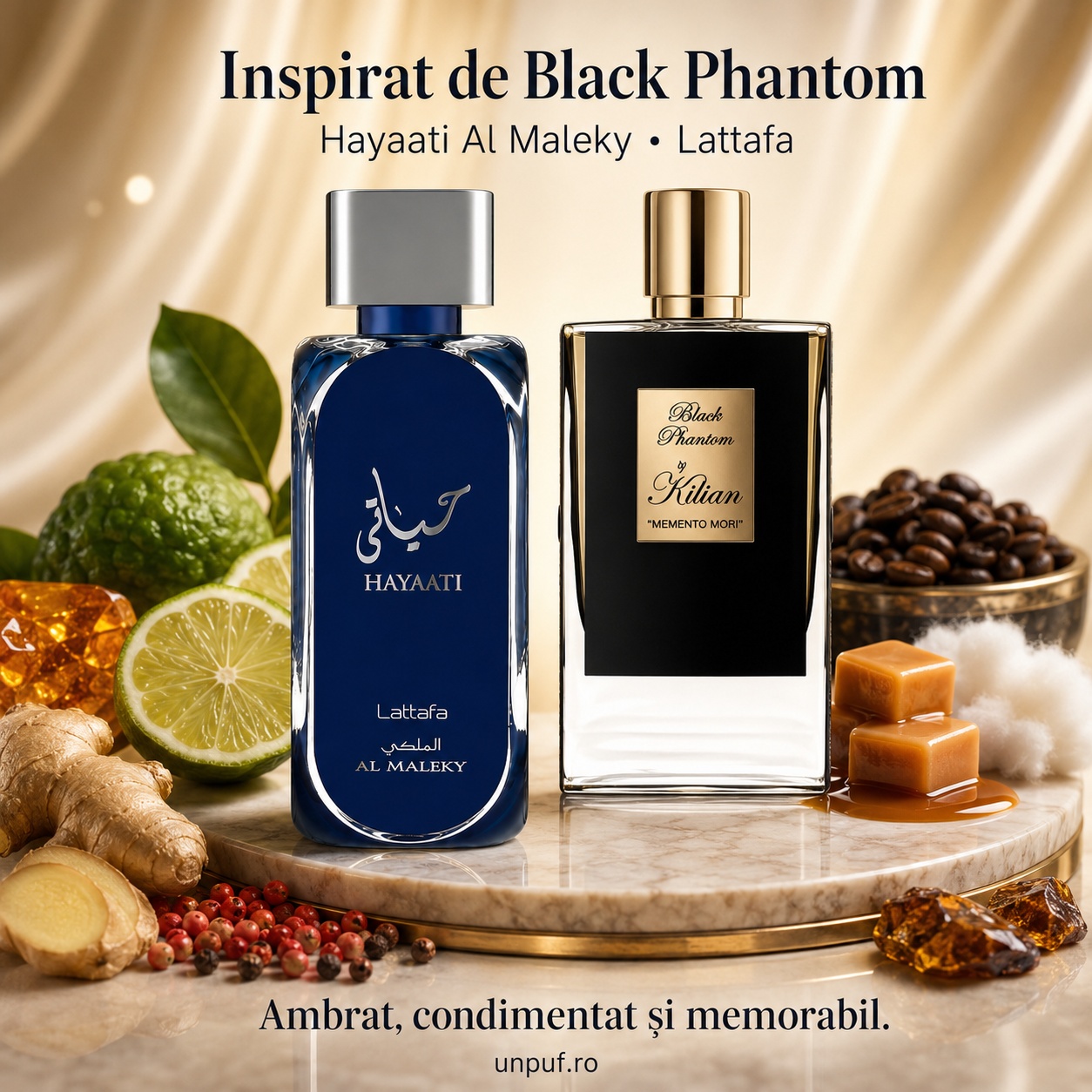 Hayaati Al Maleky Lattafa inspirat din Black Phantom, parfum ambrat, condimentat și memorabil