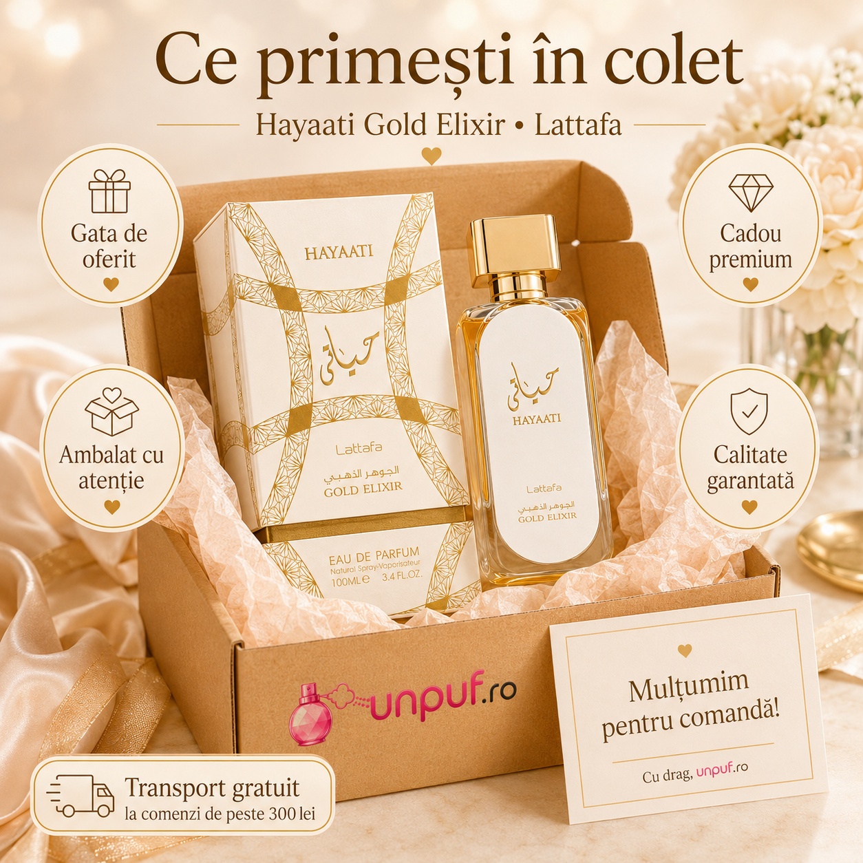 Ce primești &icirc;n colet Hayaati Gold Elixir Lattafa 100 ml parfum unisex ambalat cu atenție cadou premium
