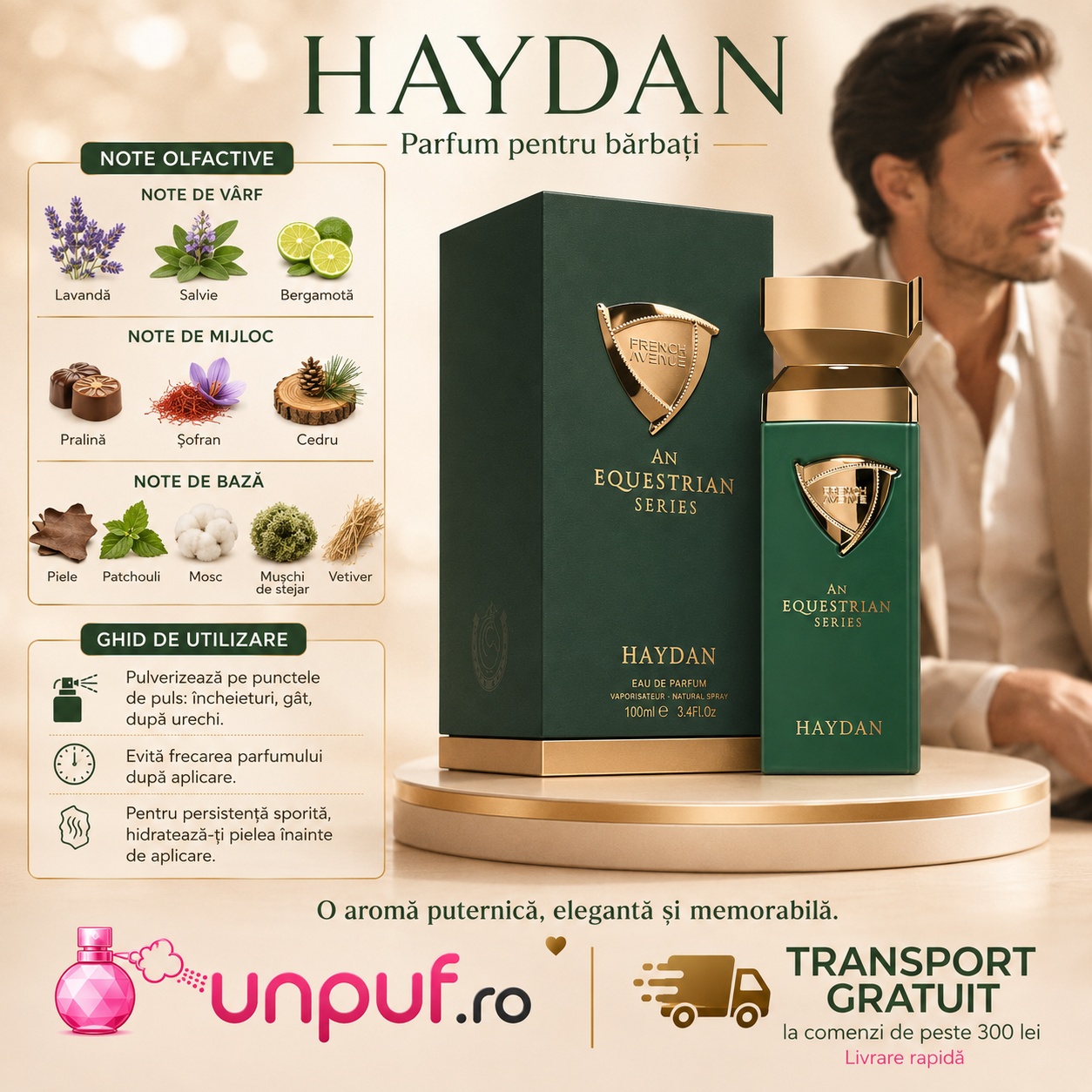 Note olfactive Haydan lavandă salvie bergamotă pralină șofran cedru piele patchouli mosc mușchi de stejar vetiver