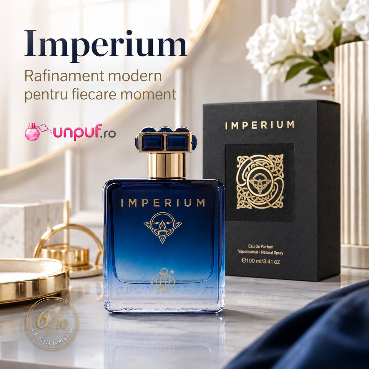 Imperium rafinament modern pentru fiecare moment parfum de bărbat cu flacon albastru și cutie neagră