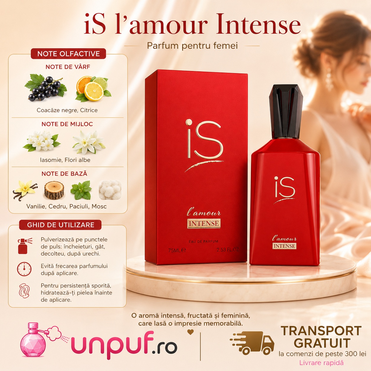 iS l'Amour Intense note olfactive și ghid de utilizare parfum de damă cu citrice iasomie flori albe vanilie cedru paciuli și mosc