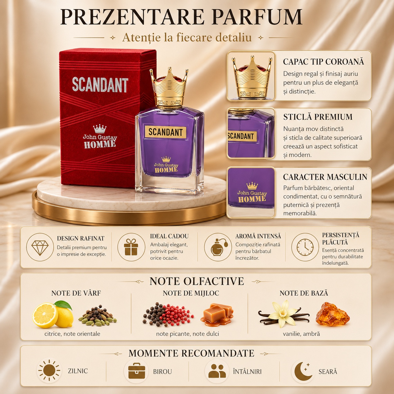 Prezentare parfum Scandant John Gustav Homme cu detalii despre capac, sticlă, note olfactive și momente recomandate