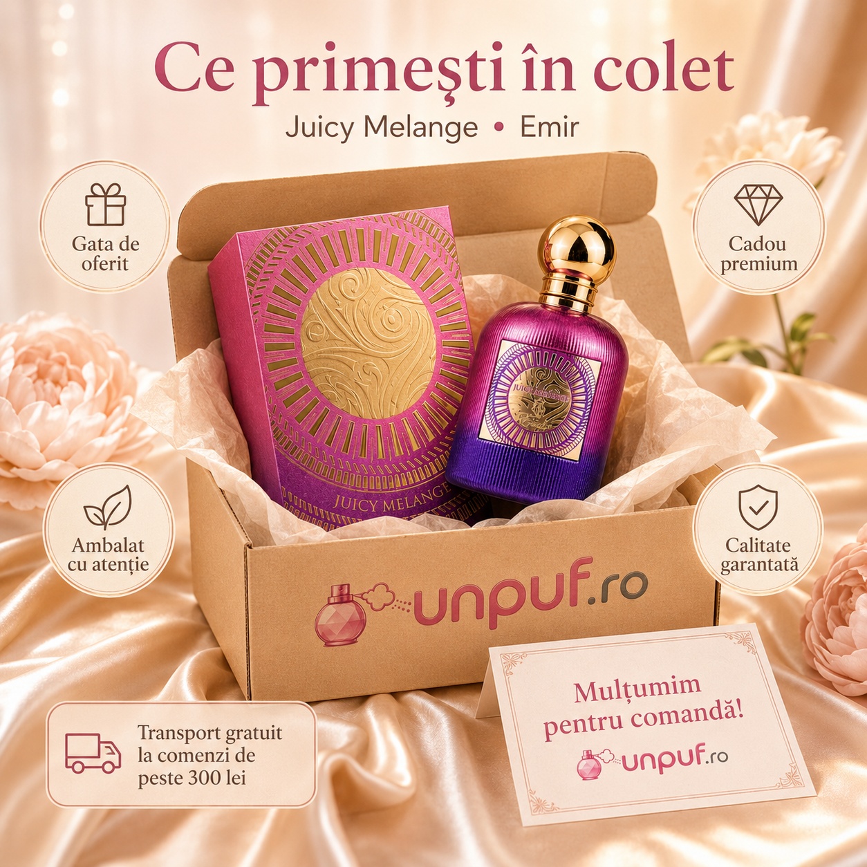 Ce primești &icirc;n colet Juicy Melange Emir 100 ml parfum original, cutie premium, ambalare atentă, cadou premium și calitate garantată