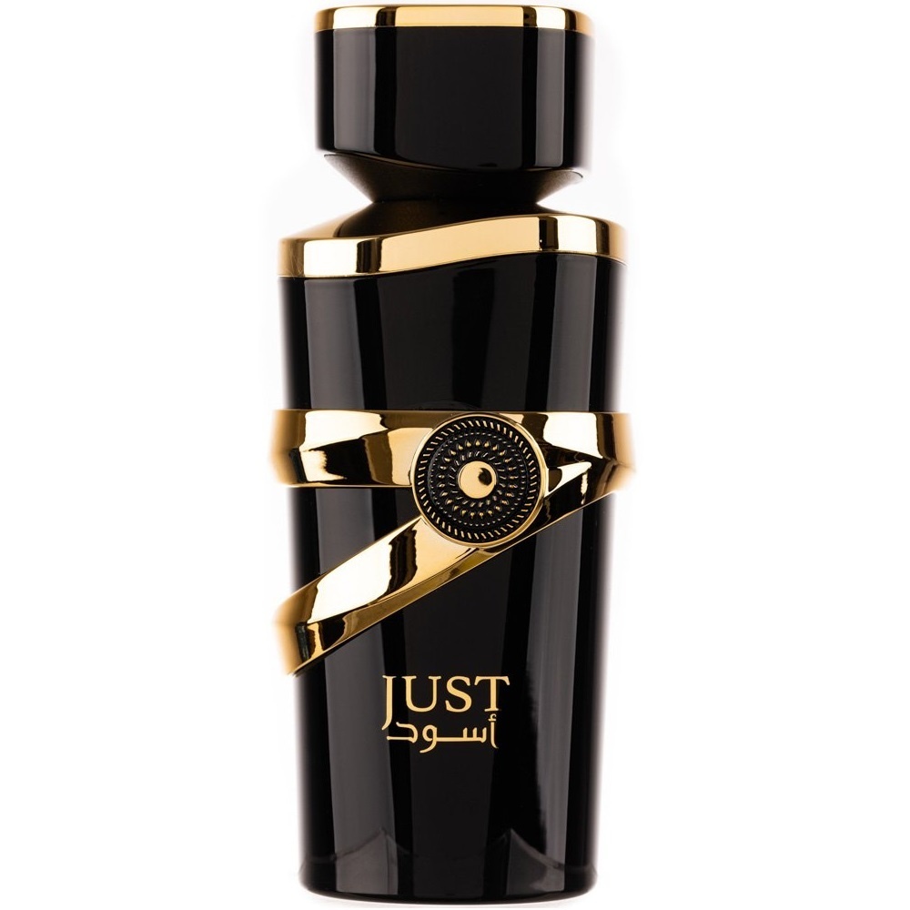 Flacon original Just Aswad Fragrance World 100 ml negru lucios cu medalion central, benzi aurii și capac negru auriu