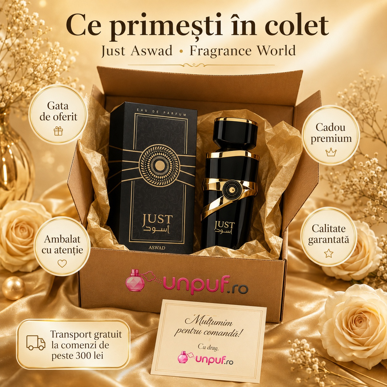 Ce primești &icirc;n colet Just Aswad Fragrance World 100 ml parfum original, cutie premium, ambalare atentă și cadou premium