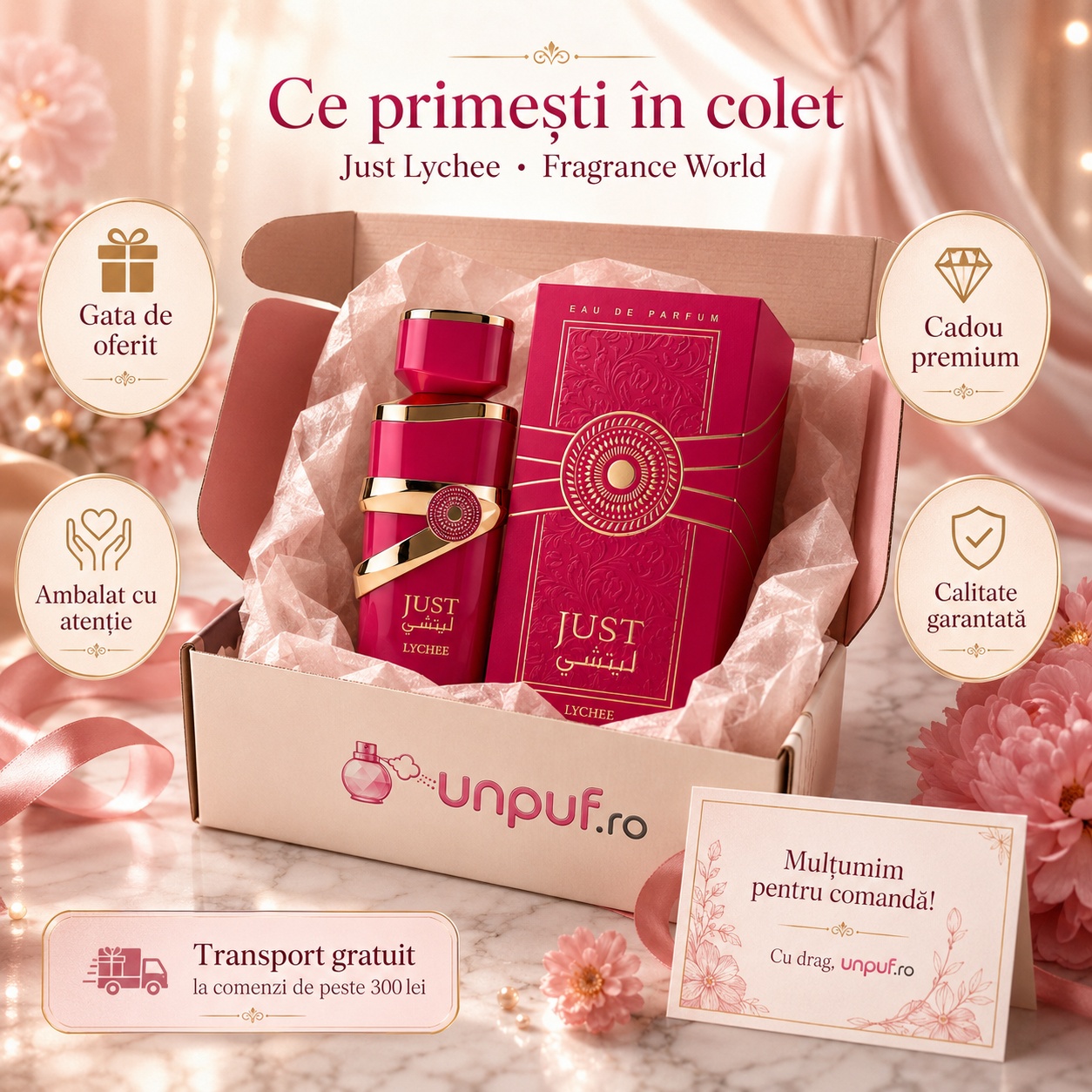 Ce primești &icirc;n colet Just Lychee Fragrance World parfum 100 ml ambalat cu atenție și pregătit pentru cadou