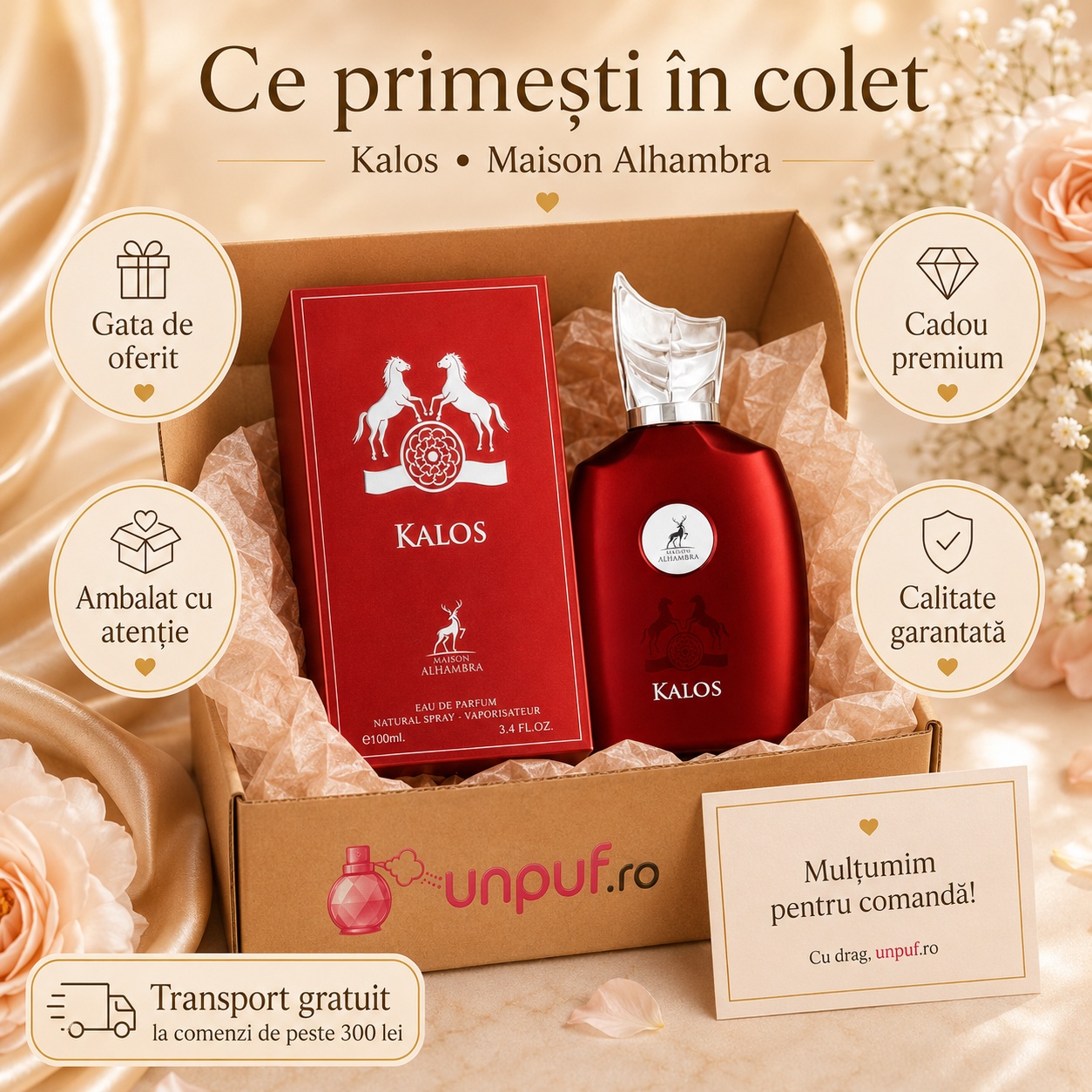 Ce primești &icirc;n colet Kalos Maison Alhambra 100 ml ambalat cu atenție cadou premium unpuf.ro