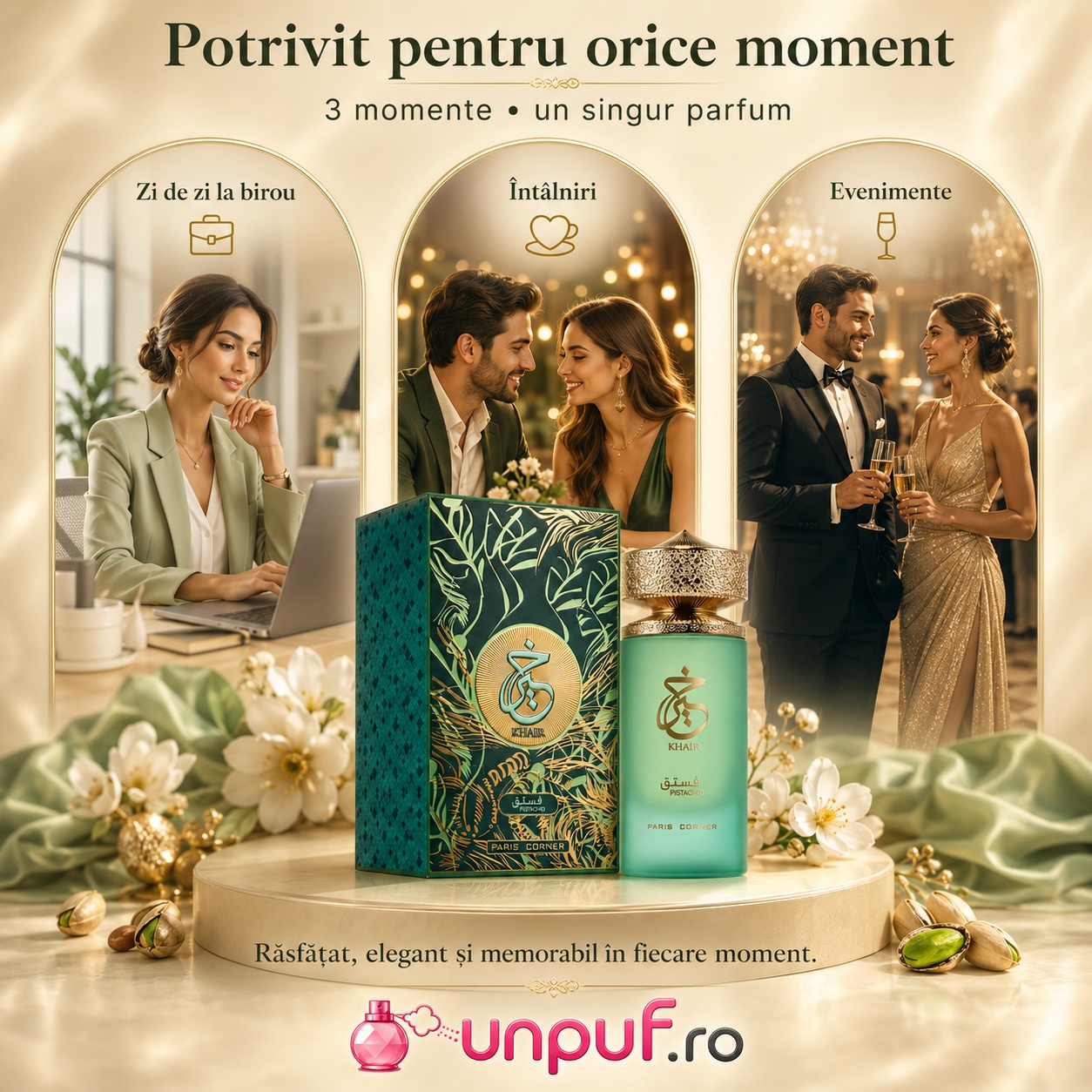 Khair Pistachio Paris Corner potrivit pentru zi de zi la birou, &icirc;nt&acirc;lniri și evenimente, parfum gurmand elegant și memorabil