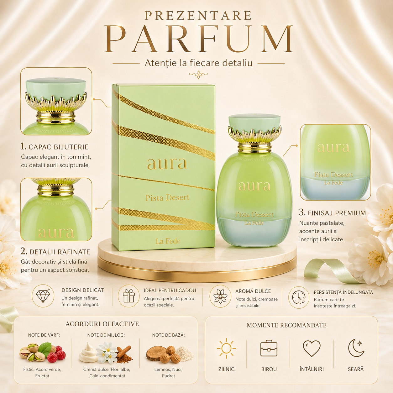 Prezentare parfum La Fede Aura Pista Desert cu note de fistic, cremă dulce, flori albe, lemnos, nuci și pudrat