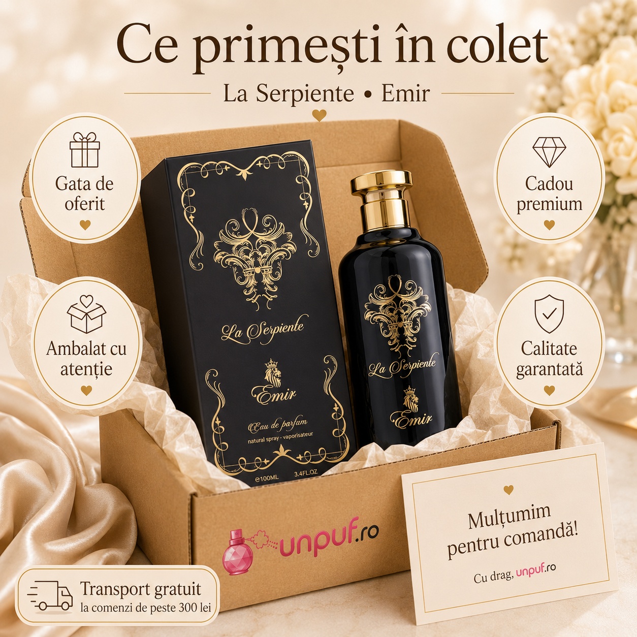 Ce primești &icirc;n colet Parfum La Serpiente Emir 100 ml ambalat cu atenție