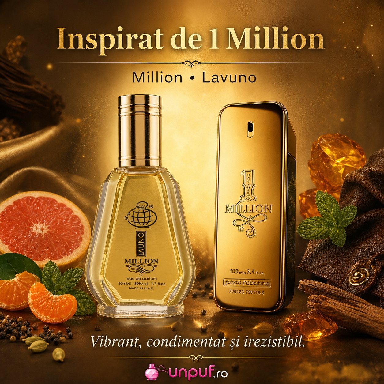 La Uno Million Fragrance World inspirat din One Million Rabanne parfum cald, condimentat, ambrat și masculin