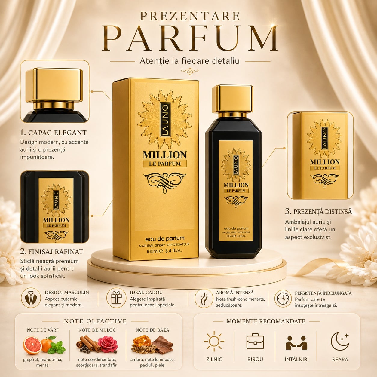 Prezentare parfum La Uno Million Fragrance World cu detalii despre flacon, cutie, note olfactive și momente recomandate
