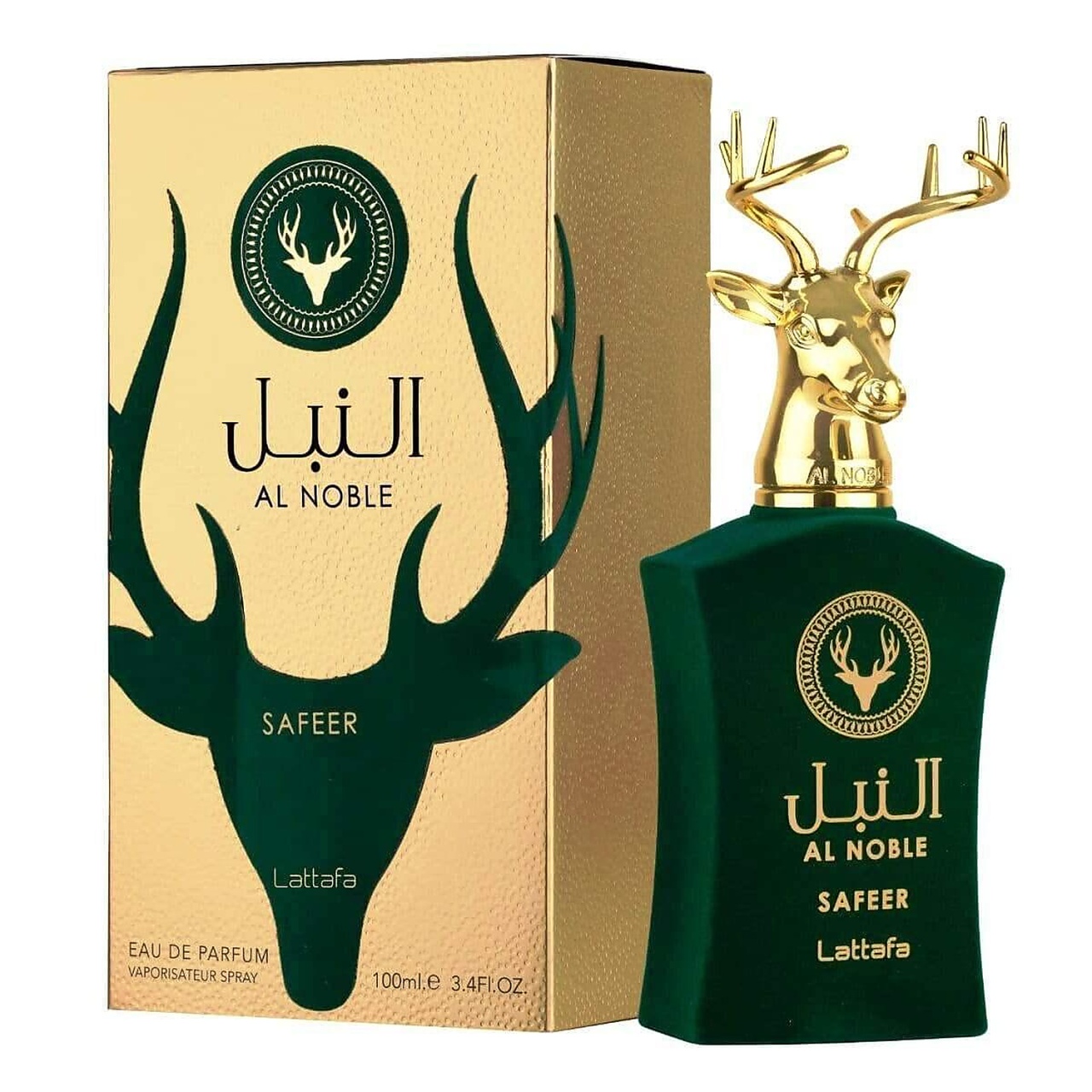 Cutie originală Lattafa Al Noble Safeer 100 ml și flacon parfum unisex verde și auriu