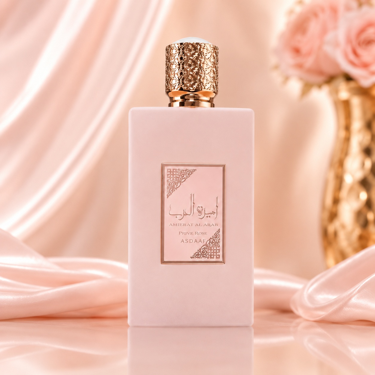 Flacon Lattafa Ameerat Prive Rose 100 ml parfum damă roz cu capac metalic rose gold texturat