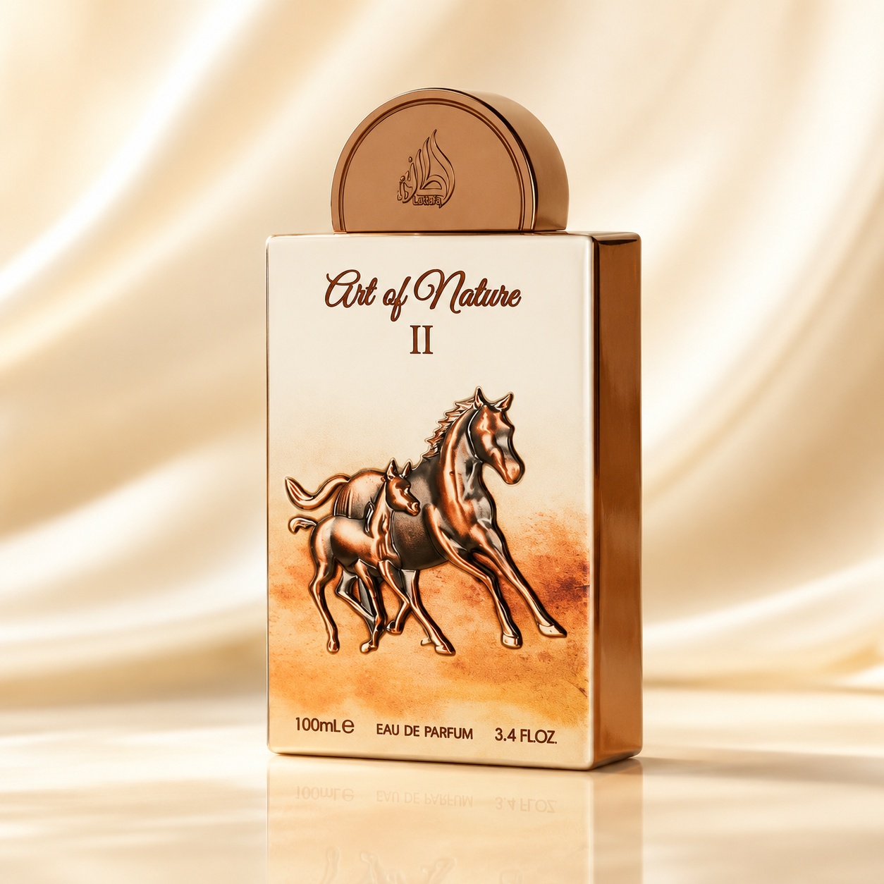 Lattafa Art Of Nature II 100 ml parfum arăbesc unisex cu flacon elegant și cutie crem cu ilustrație cai