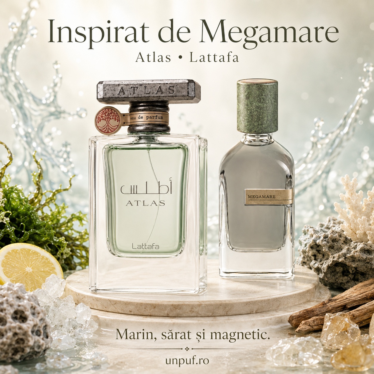 Lattafa Atlas parfum arăbesc inspirat de Megamare cu aromă marină sărată magnetică și minerală
