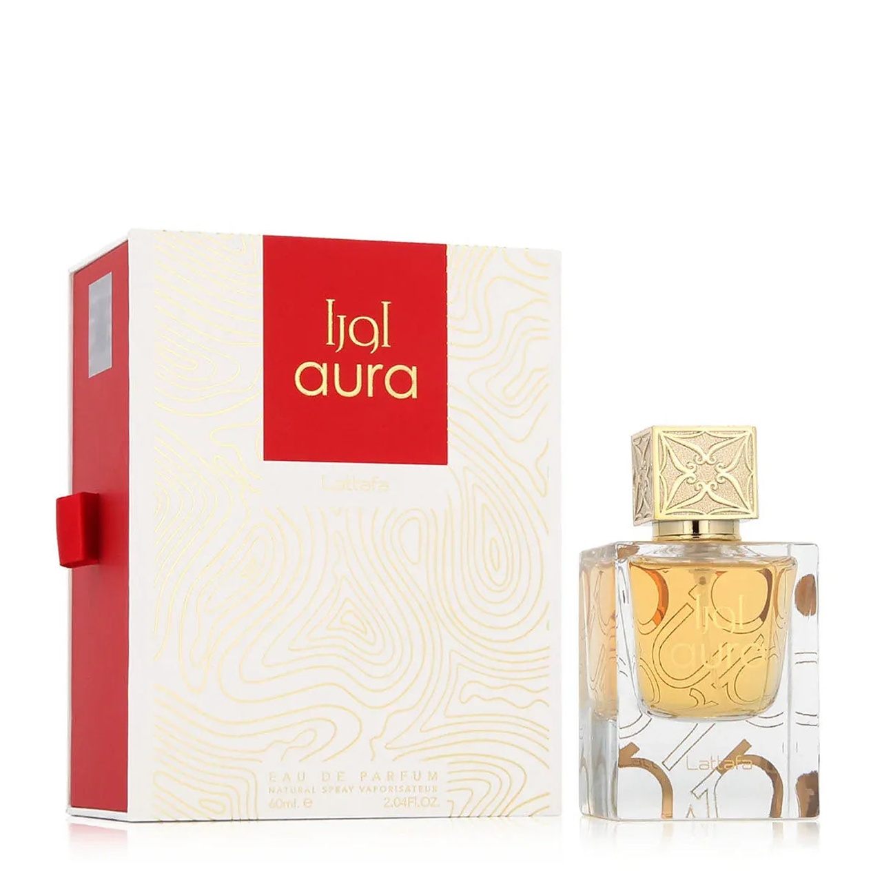 Parfum Lattafa Aura 100 ml apă de parfum unisex cu flacon original și cutie Lattafa alb roșu