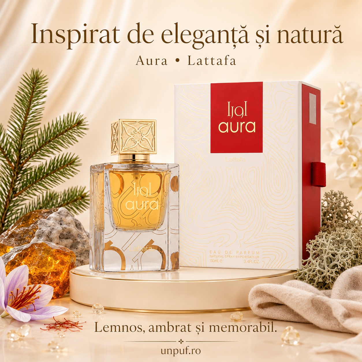 Lattafa Aura parfum arăbesc unisex inspirat de eleganță și natură cu aromă lemnoasă ambrată și memorabilă