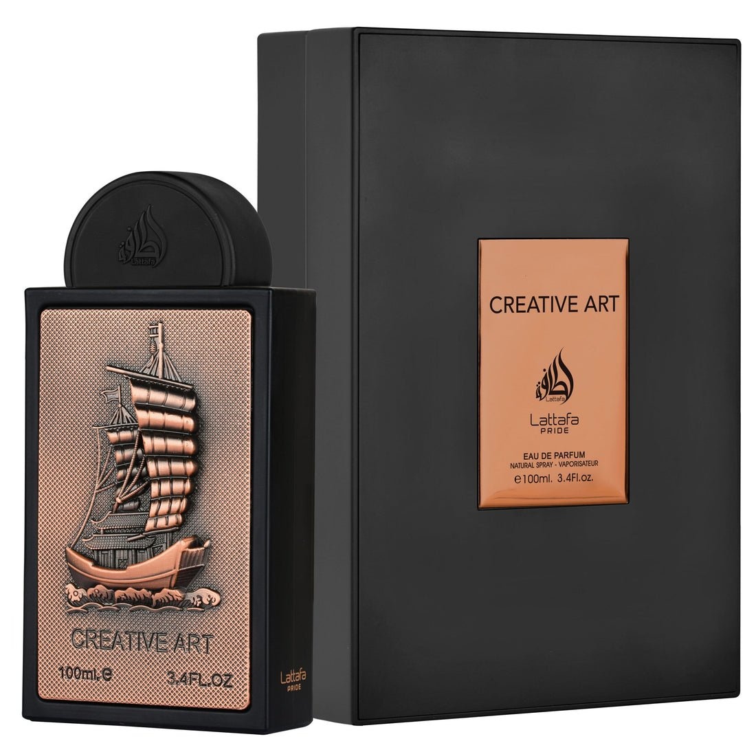Imagine produs Lattafa Creative Art 100 ml pe fundal alb, flacon negru și cutie Eau de Parfum