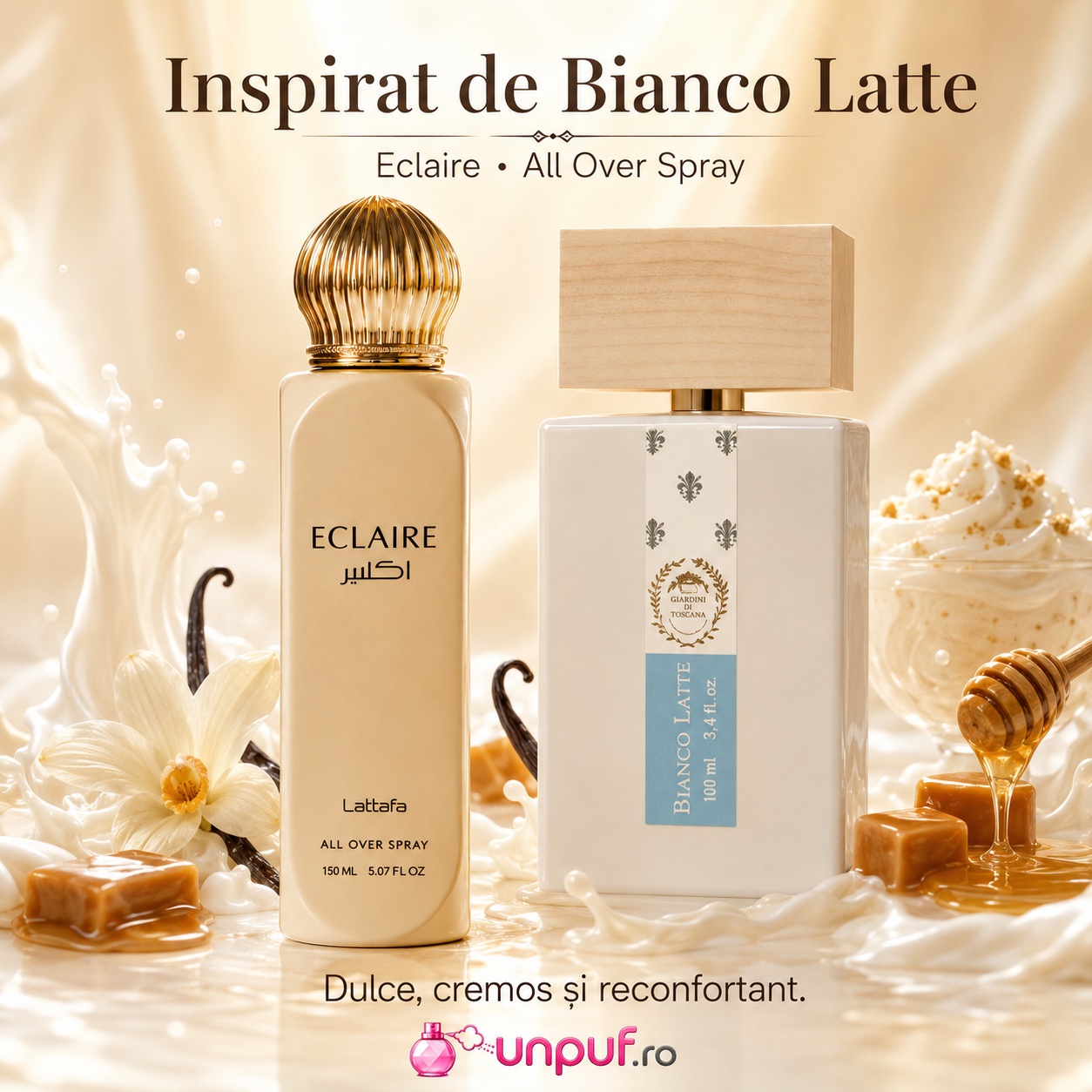 Lattafa Eclaire All Over Spray inspirat de Bianco Latte aromă dulce cremoasă și reconfortantă