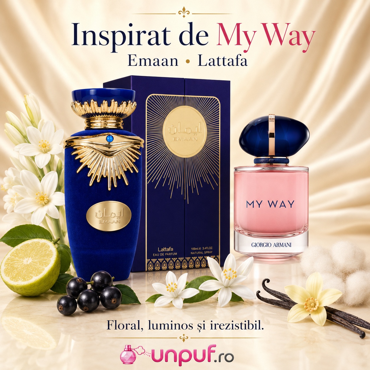 Lattafa Emaan parfum inspirat din My Way Giorgio Armani cu aromă florală luminoasă și feminină