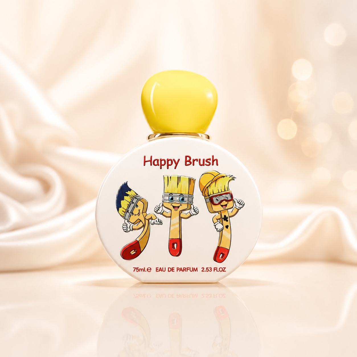 Flacon Lattafa Happy Brush 75 ml cu design alb, capac galben și ilustrație jucăușă