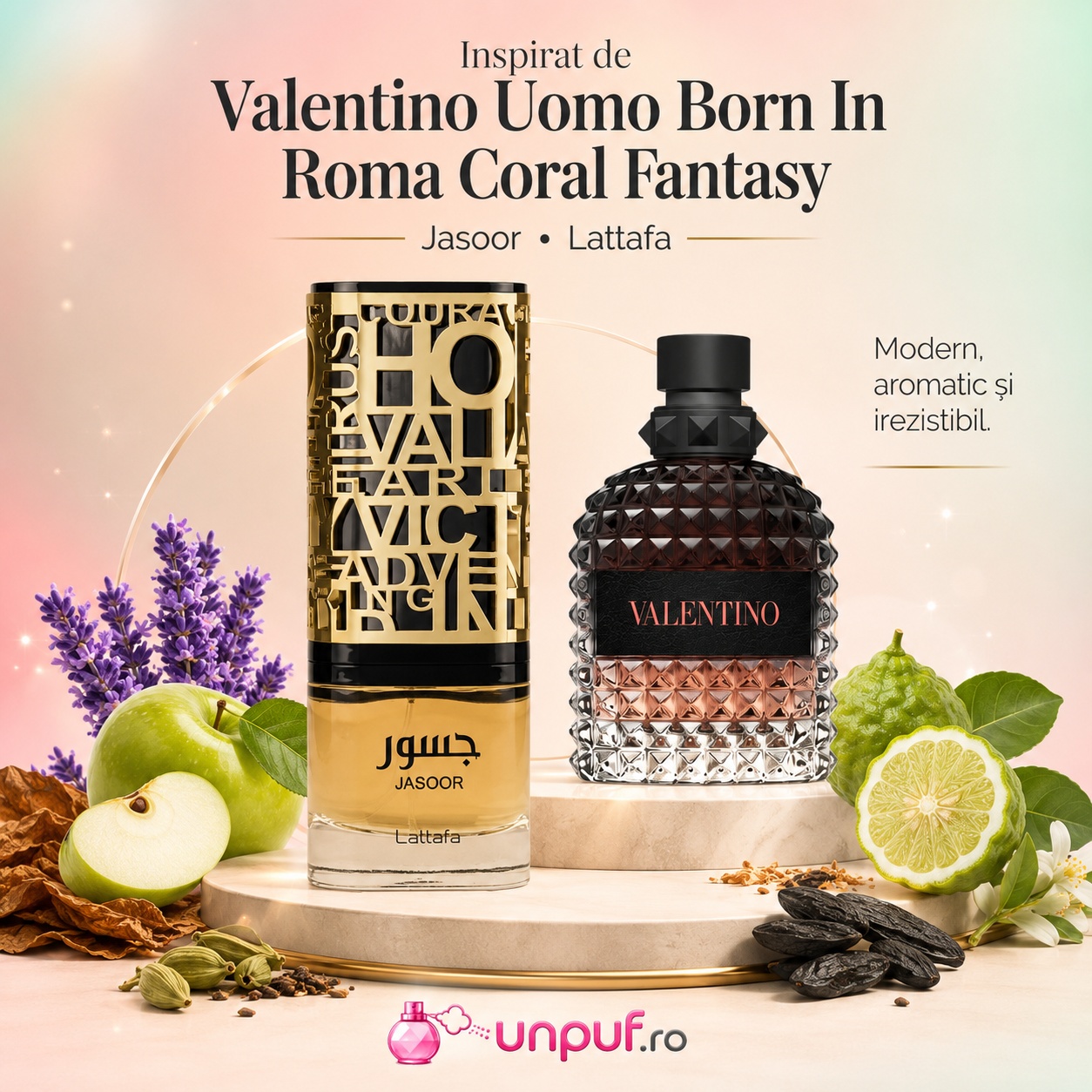 Lattafa Jasoor parfum inspirat din Valentino Uomo Born In Roma Coral Fantasy modern aromatic și irezistibil