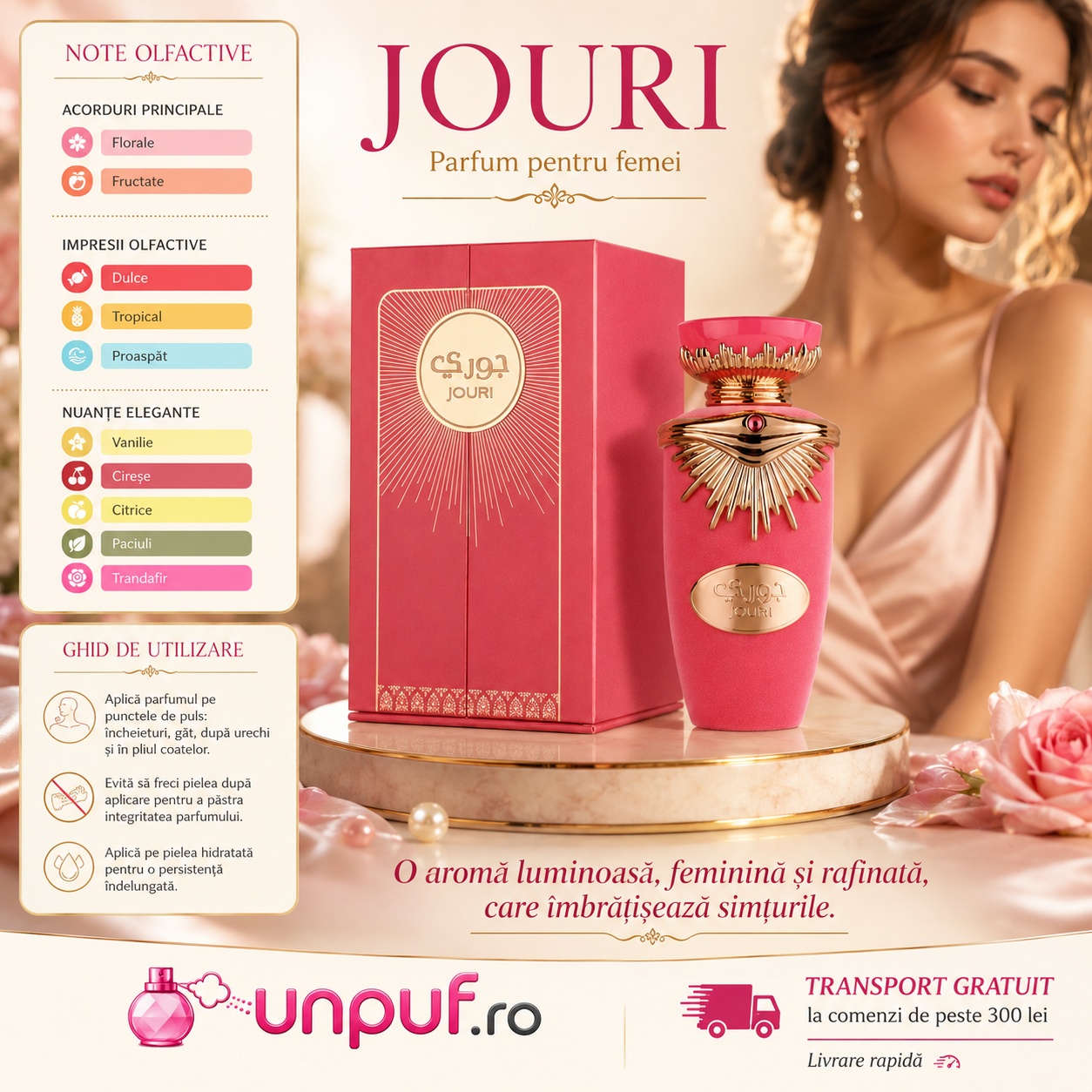Lattafa Jouri note olfactive și ghid de utilizare pentru parfum de damă floral-fructat, dulce, tropical și proaspăt