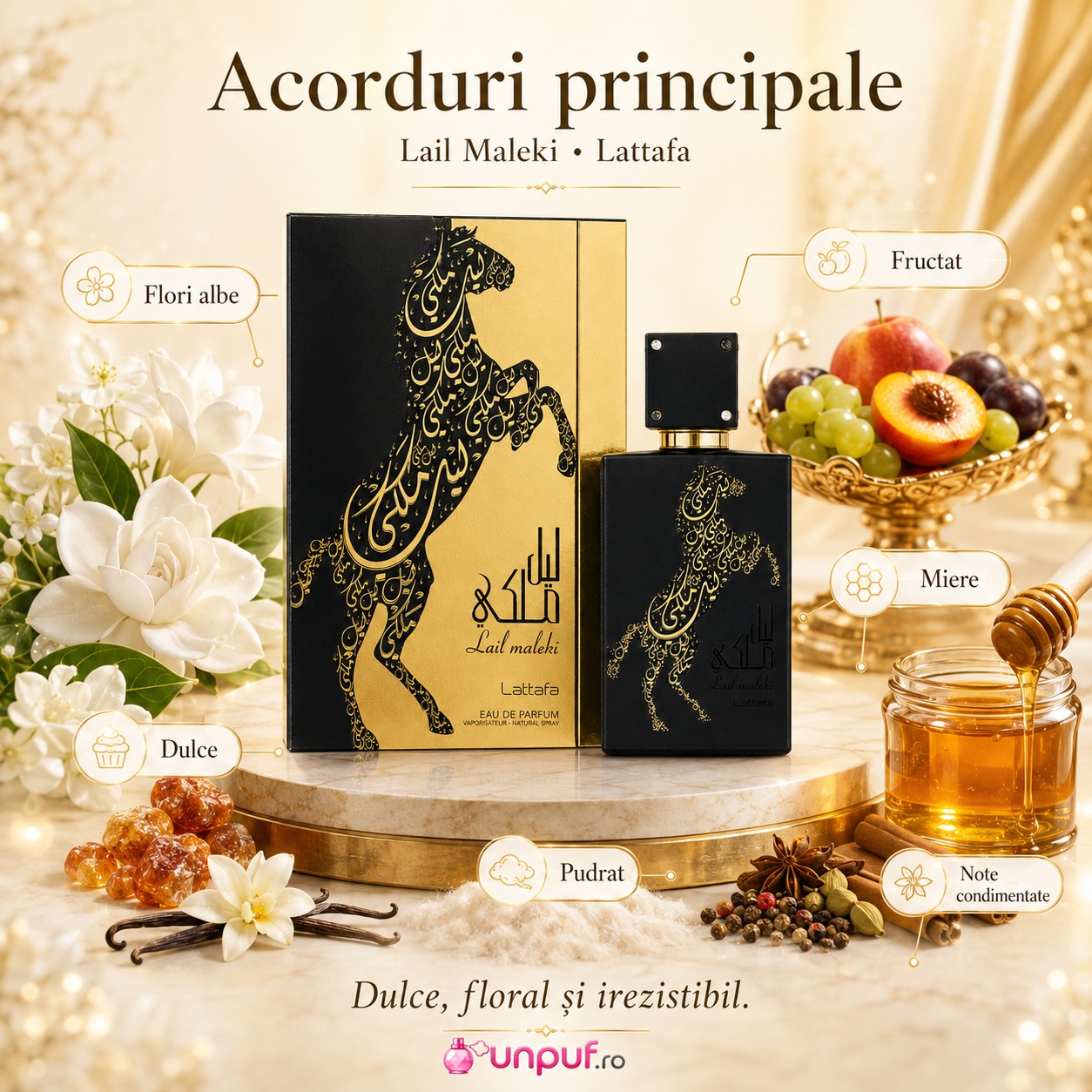 Lattafa Lail Maleki parfum unisex cu acorduri principale florale fructate dulci pudrate miere și note condimentate