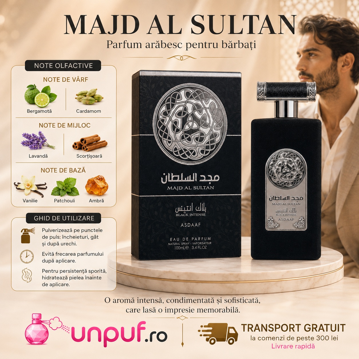 Lattafa Majd Al Sultan Black parfum bărbătesc cu note de bergamotă cardamom lavandă scorțișoară vanilie patchouli și ambră