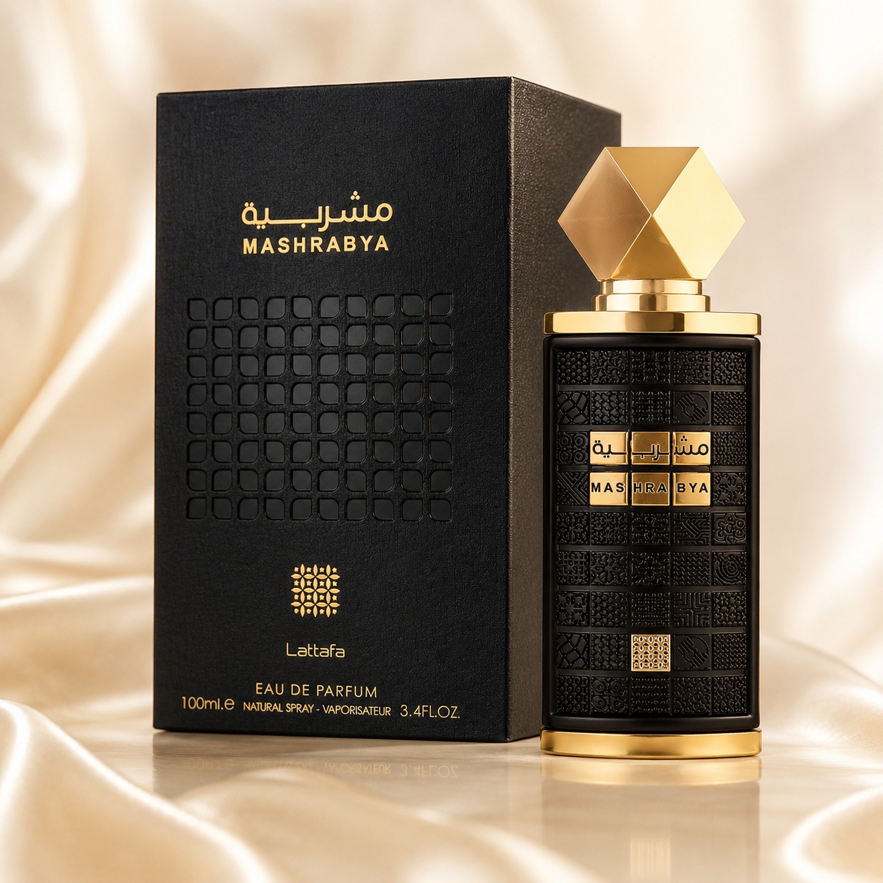 Parfum Arăbesc Lattafa Mashrabya 100 ml unisex cu flacon negru auriu și cutie premium Lattafa