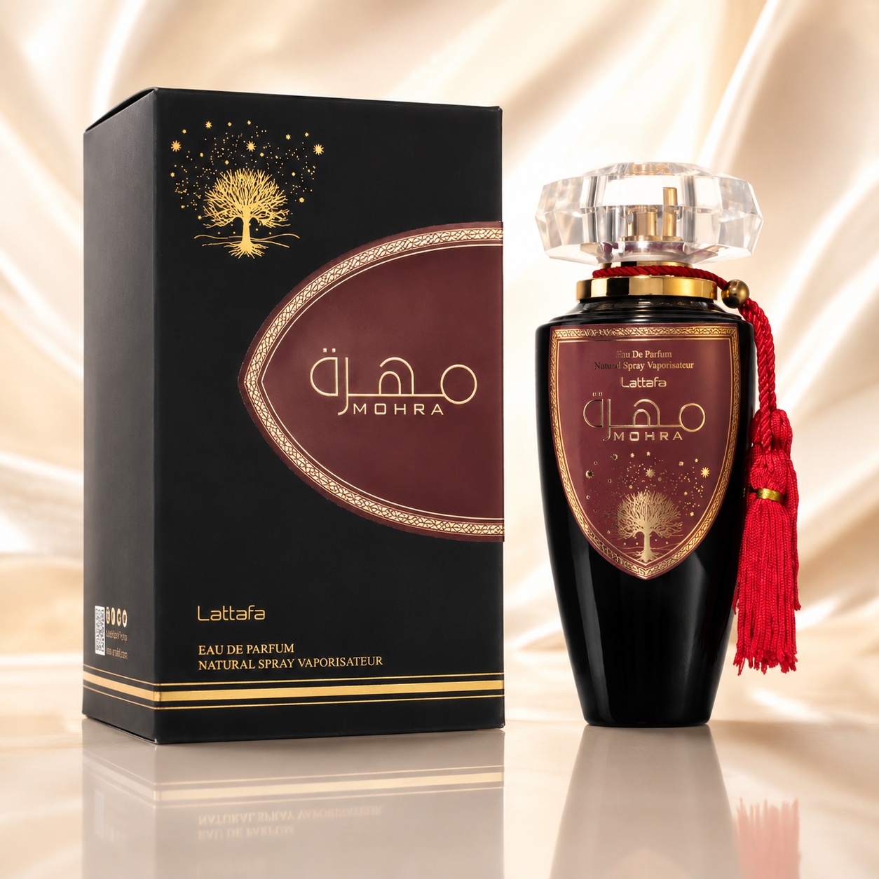 Parfum Arăbesc Lattafa Mohra 100 ml unisex cu flacon negru elegant, ciucure roșu și cutie premium Lattafa