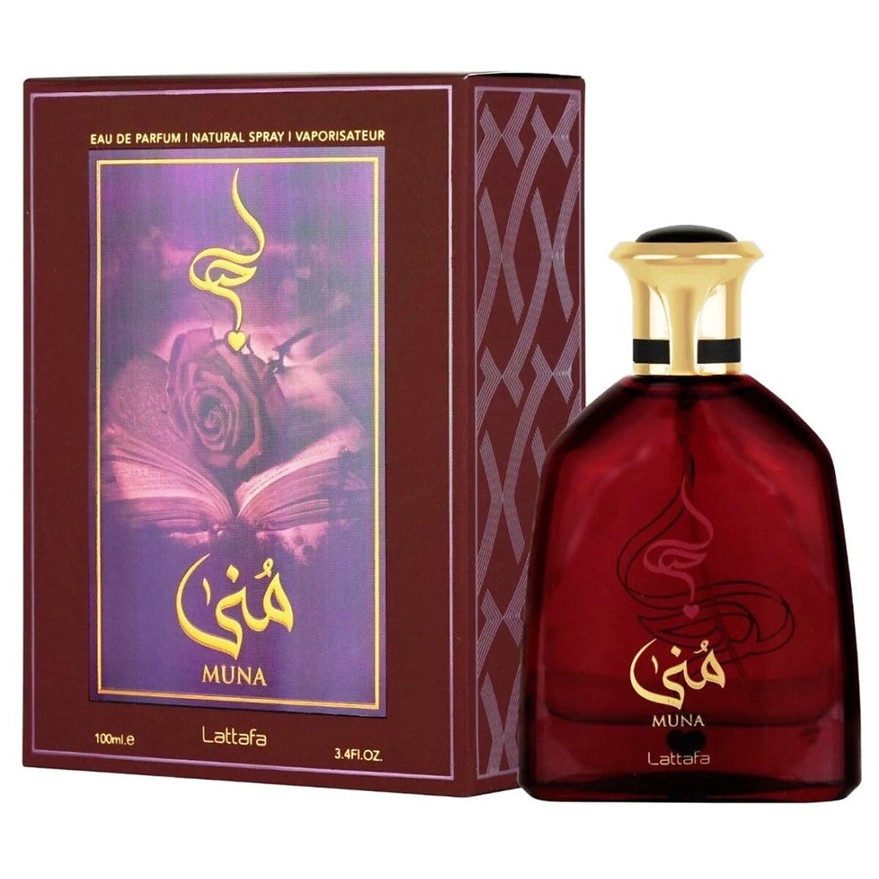 Parfum Lattafa Muna 100 ml apă de parfum unisex cu flacon roșu și cutie originală Lattafa