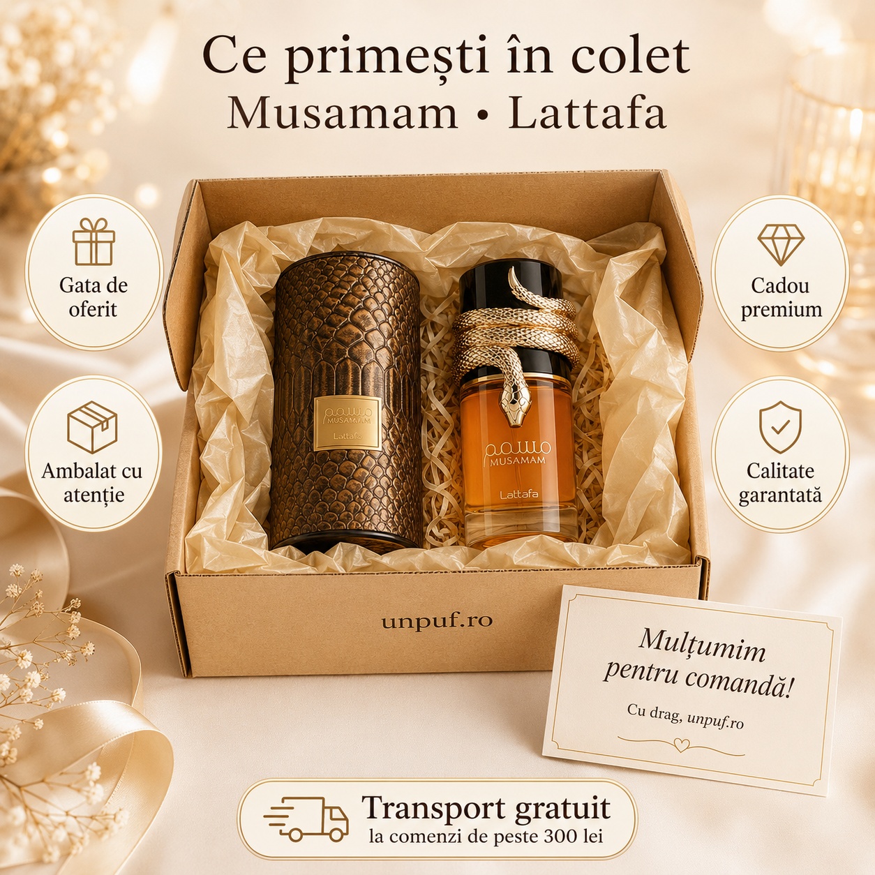 Ce primești &icirc;n colet Parfum Lattafa Musamam 100 ml ambalat premium și gata de oferit cadou