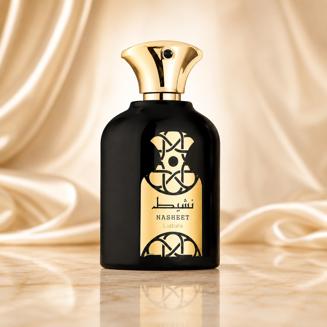 Flacon Lattafa Nasheet 100 ml parfum unisex negru lucios cu capac auriu sculptural și etichetă elegantă