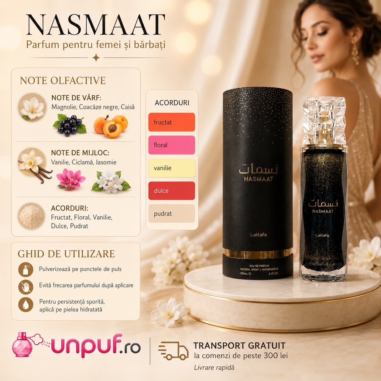 Lattafa Nasmaat parfum unisex cu note de magnolie coacăze negre caisă vanilie ciclamă iasomie și acorduri fructate florale