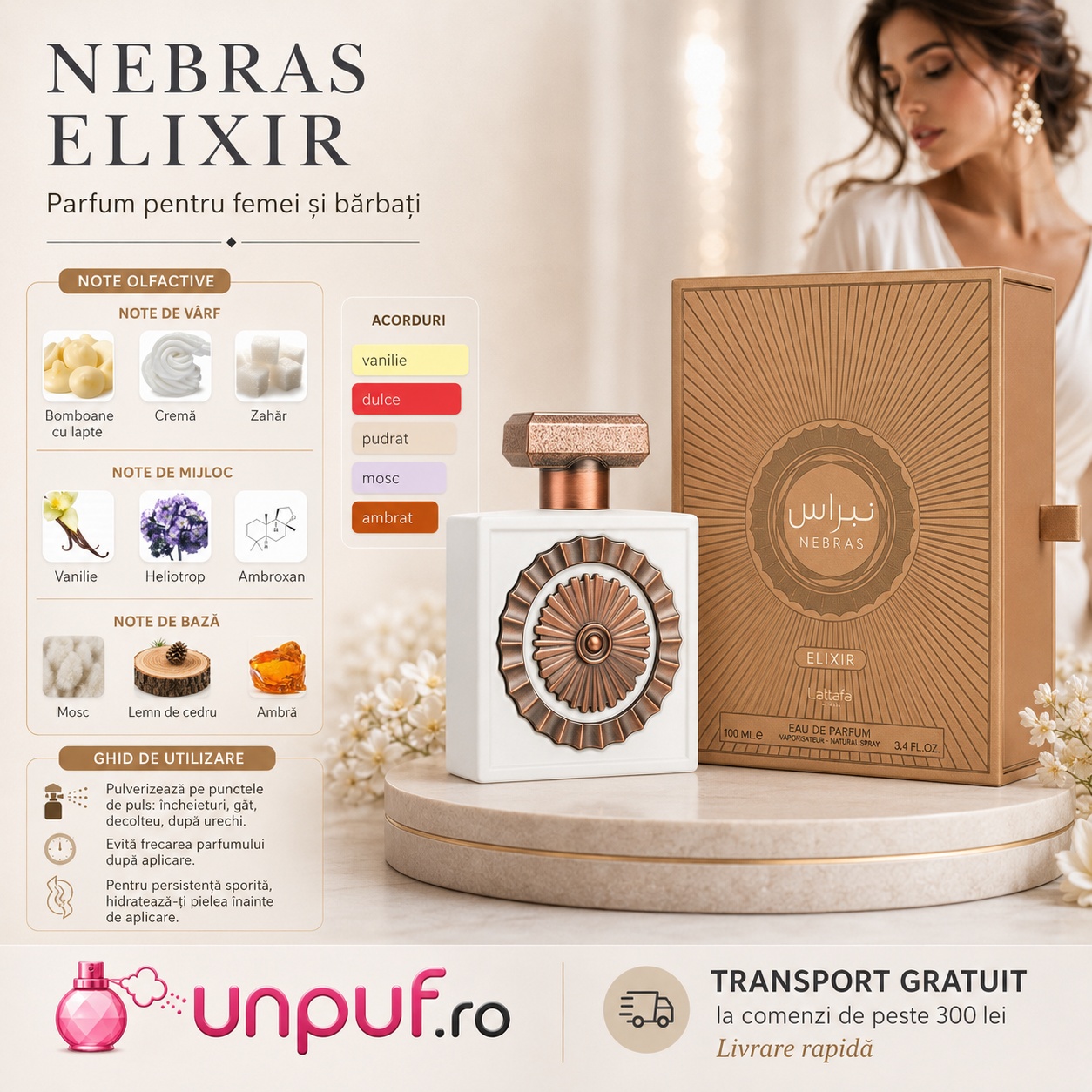 Lattafa Nebras Elixir parfum pentru damă cu note de bomboane cu lapte, cremă, zahăr, vanilie, heliotrop, ambroxan, mosc, cedru și ambră