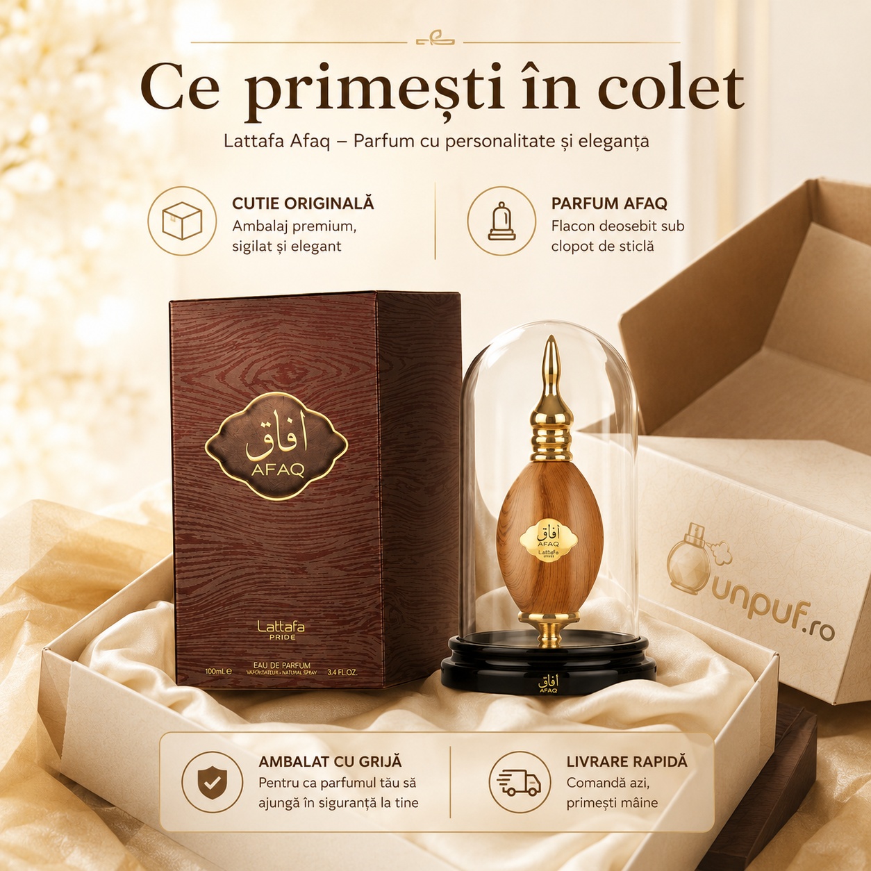 Ce primești &icirc;n colet Lattafa Pride Afaq parfum arabesc pentru bărbați ambalat cu atenție de unpuf.ro