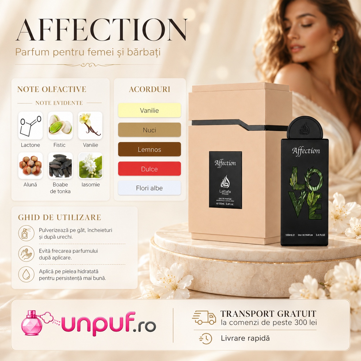 Lattafa Pride Affection parfum unisex cu note de lactone fistic vanilie alună boabe de tonka și iasomie