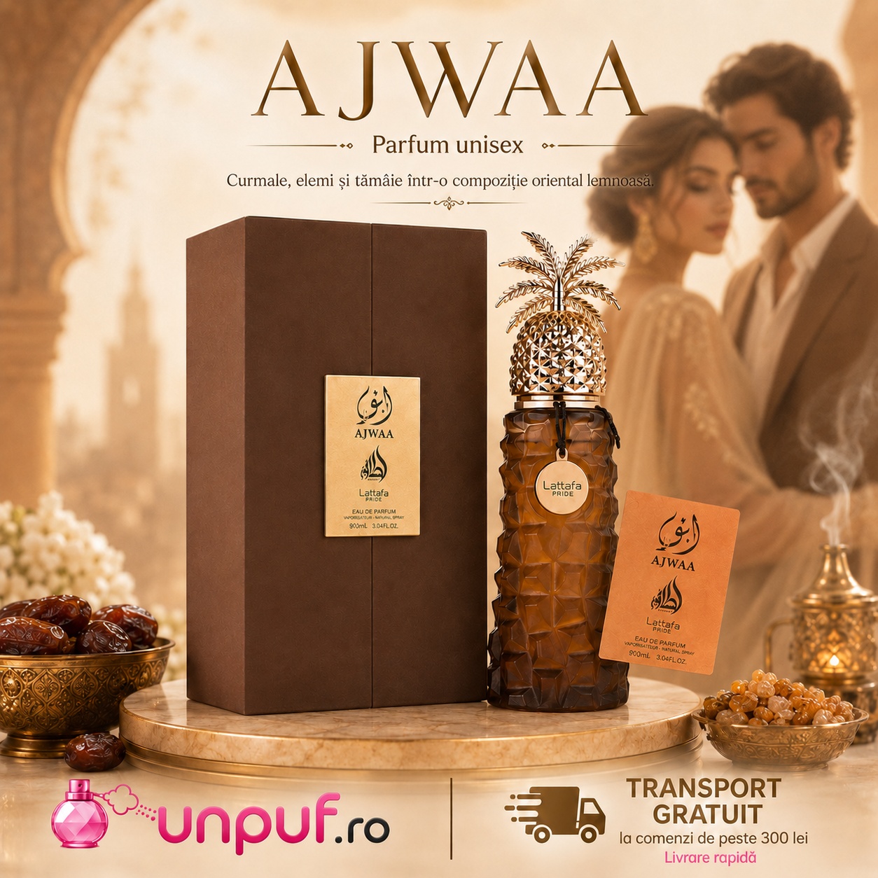 Ajwaa Lattafa Pride parfum unisex oriental lemnos cu note de curmale elemi și tăm&acirc;ie