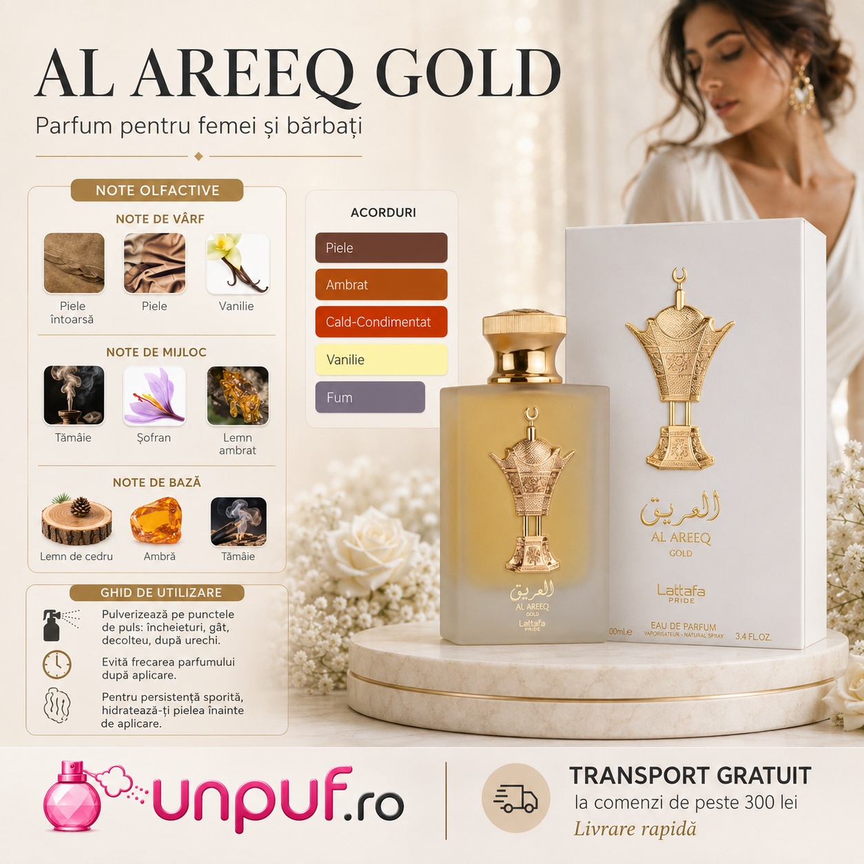 Lattafa Pride Al Areeq Gold parfum unisex cu note de piele, ambră, vanilie, fum, tămâie, șofran și lemn de cedru