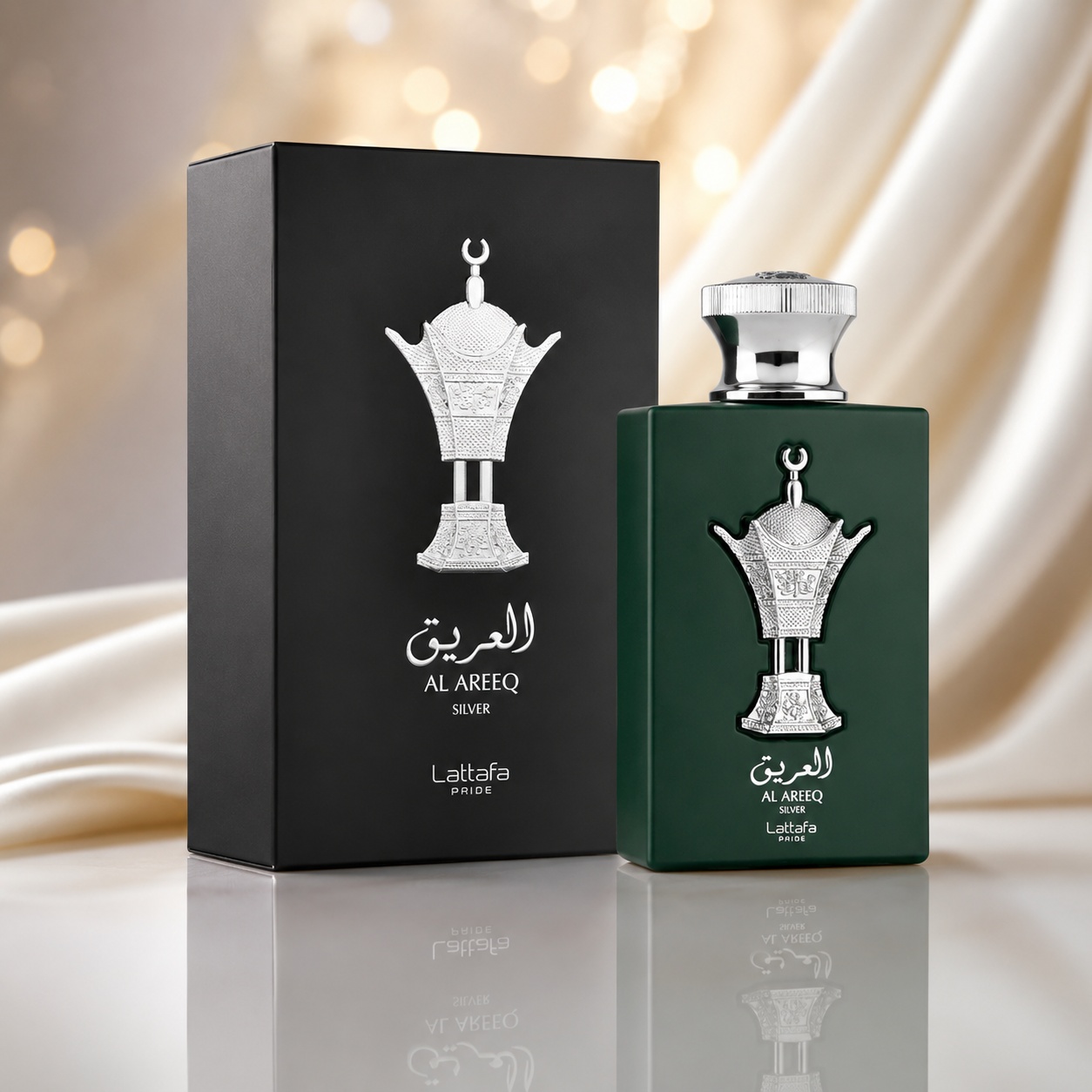 Parfum Arăbesc Lattafa Pride Al Areeq Silver 100 ml unisex cu flacon verde intens, emblemă argintie și cutie premium neagră