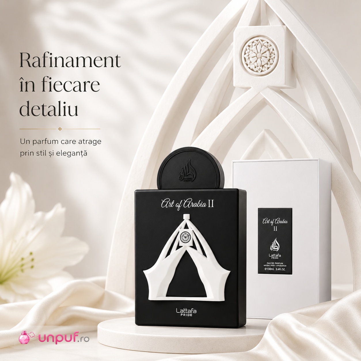 Lattafa Pride Art Of Arabia II rafinament &icirc;n fiecare detaliu flacon negru cutie albă și parfum elegant