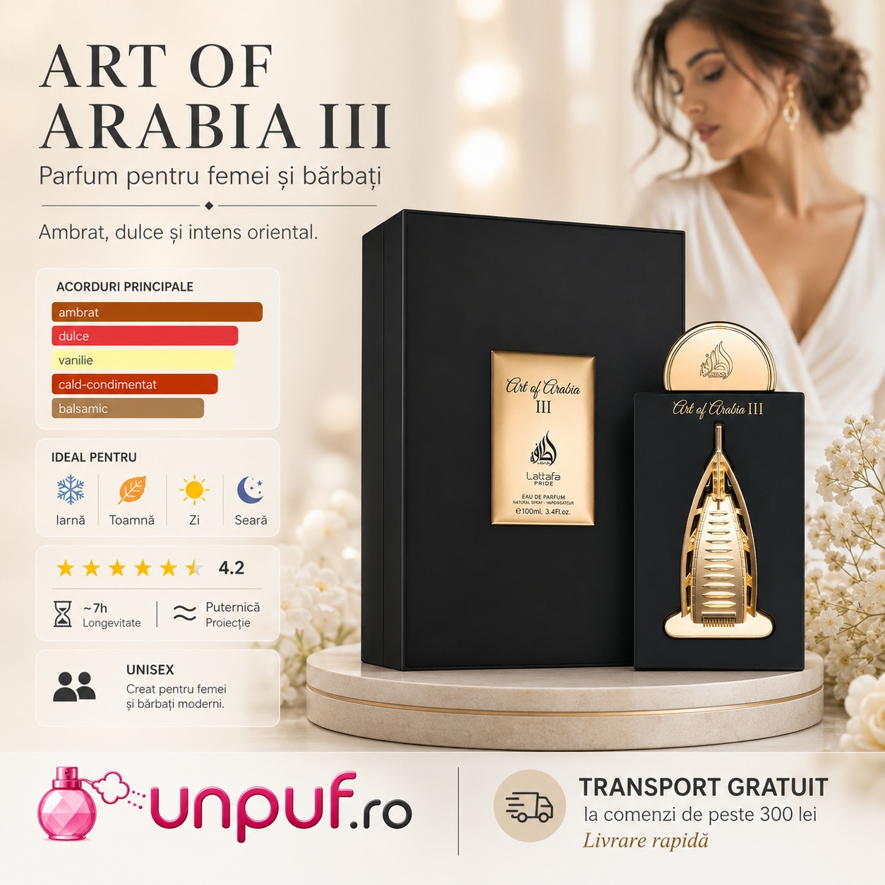 Lattafa Pride Art of Arabia III parfum unisex ambrat, dulce și intens oriental, potrivit pentru iarnă, toamnă, zi și seară