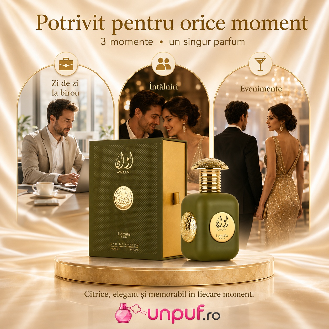 Parfum Lattafa Pride Awaan Gold potrivit pentru zi de zi la birou, &icirc;nt&acirc;lniri și evenimente