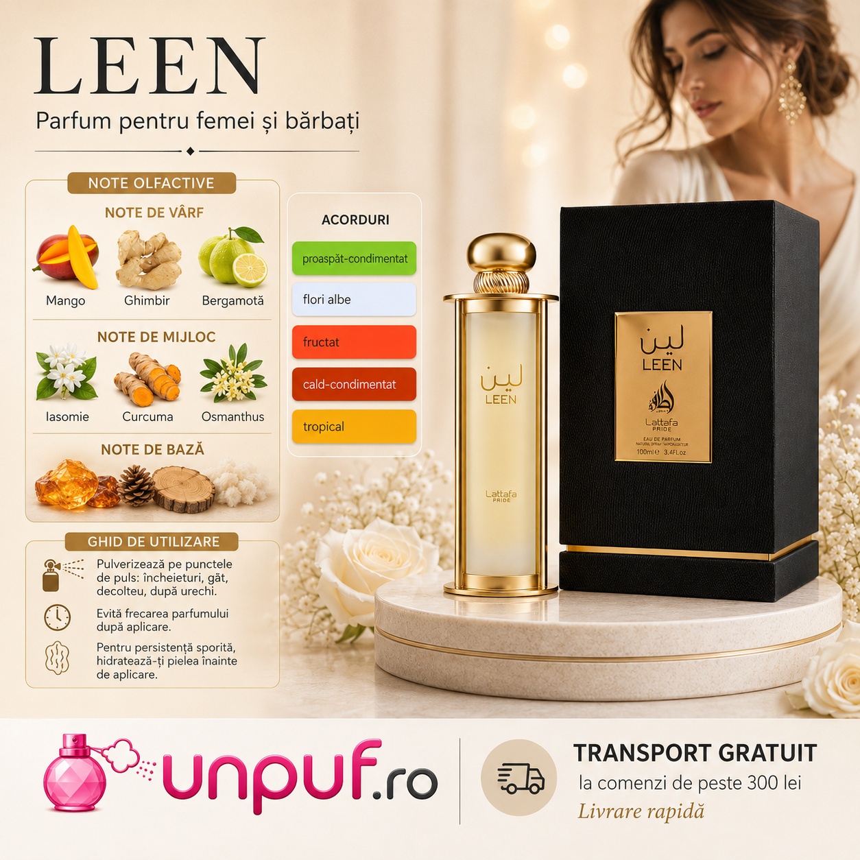 Lattafa Pride Leen parfum pentru femei și bărbați cu note de mango, ghimbir, bergamotă, iasomie, curcuma, osmanthus, santal, mosc și tămâie
