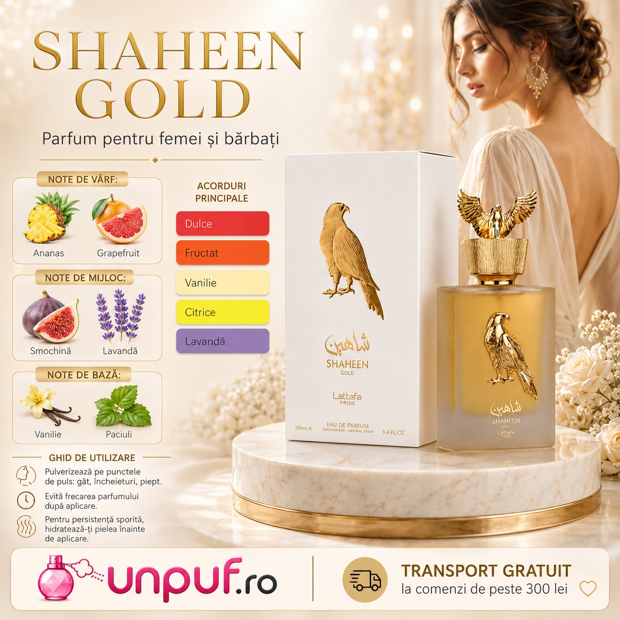 Lattafa Pride Shaheen Gold parfum unisex cu note de ananas grapefruit smochină lavandă vanilie și patchouli