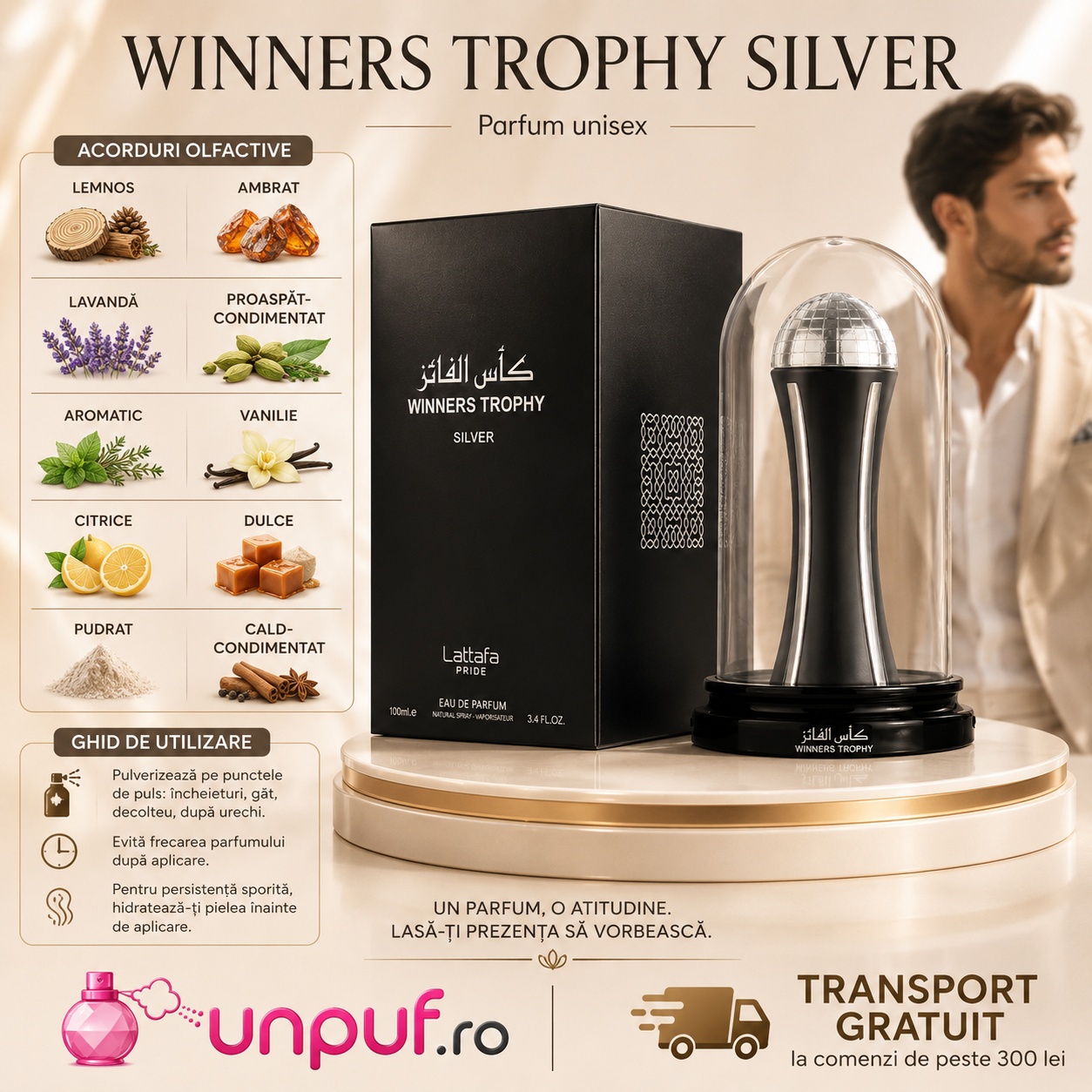 Ghid de utilizare Lattafa Pride Winners Trophy Silver parfum unisex cu acorduri lemnoase, ambrate, lavandă, vanilie, citrice și condimente