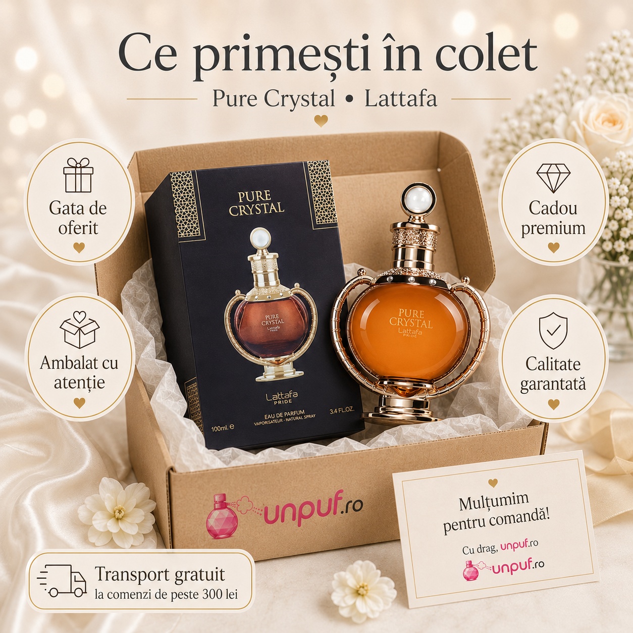 Ce primești &icirc;n colet Lattafa Pure Crystal 100 ml parfum arăbesc unisex ambalat cu atenție gata de oferit cadou