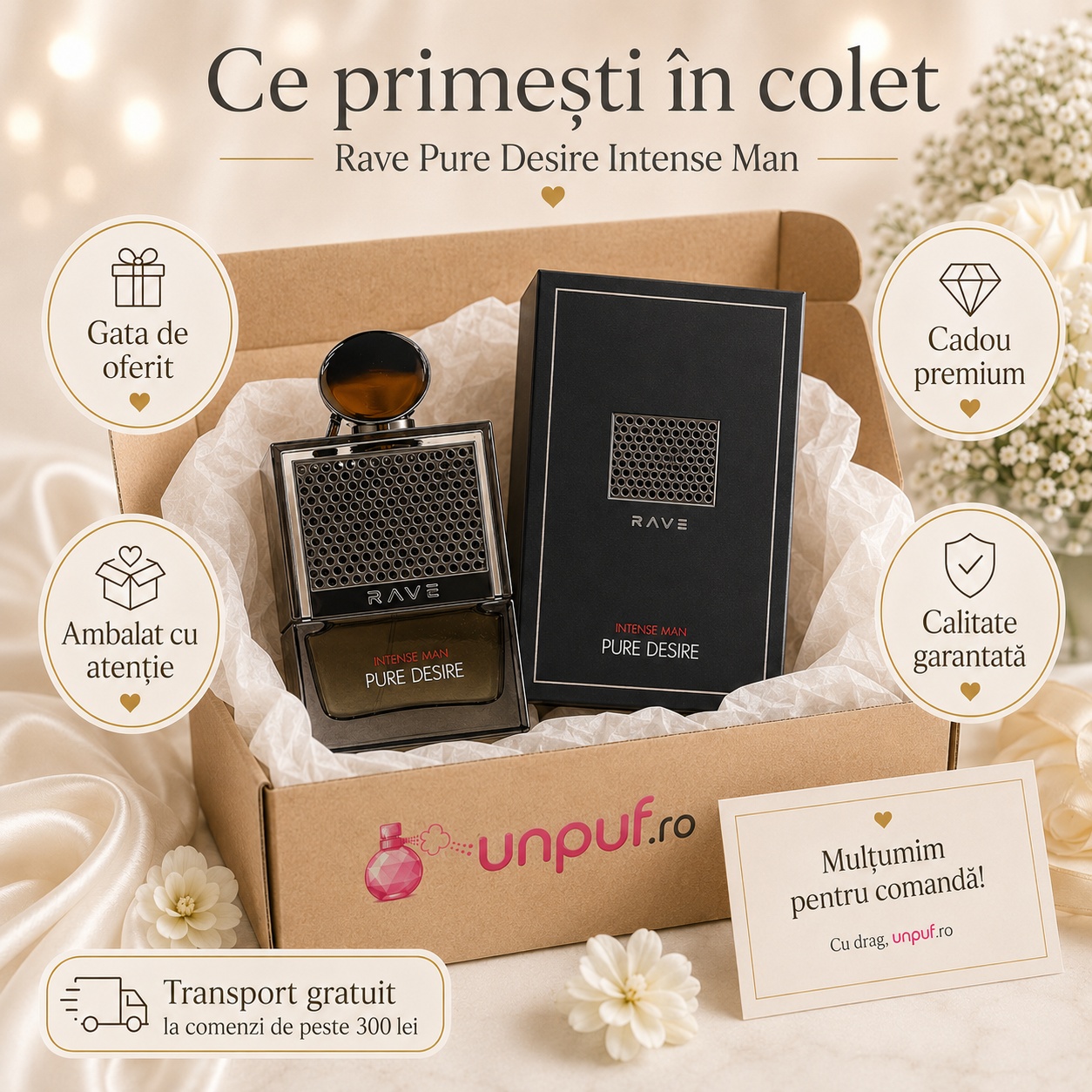Ce primești în colet Lattafa Pure Desire Intense Man 100 ml, parfum bărbătesc ambalat cu atenție, gata de oferit cadou